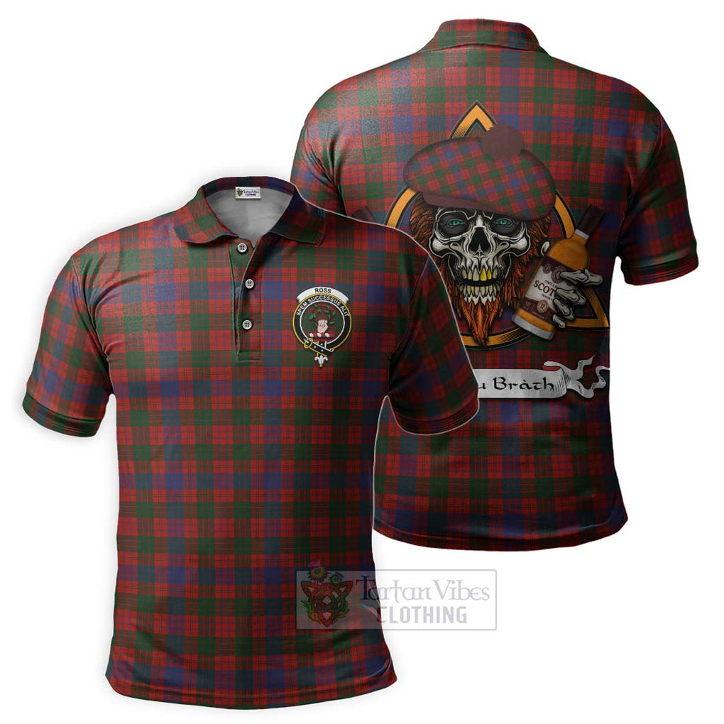 Tartan Vibes Clothing Ross Tartan Polo Shirt with Family Crest and Bearded Skull Holding Bottles of Whiskey