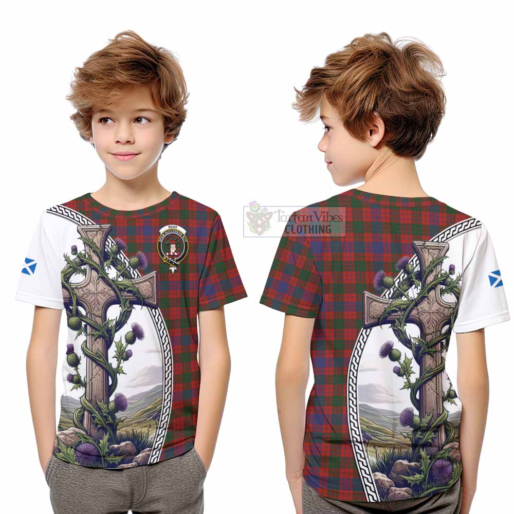 Tartan Vibes Clothing Ross Tartan Kid T-Shirt with Family Crest and St. Andrew's Cross Accented by Thistle Vines