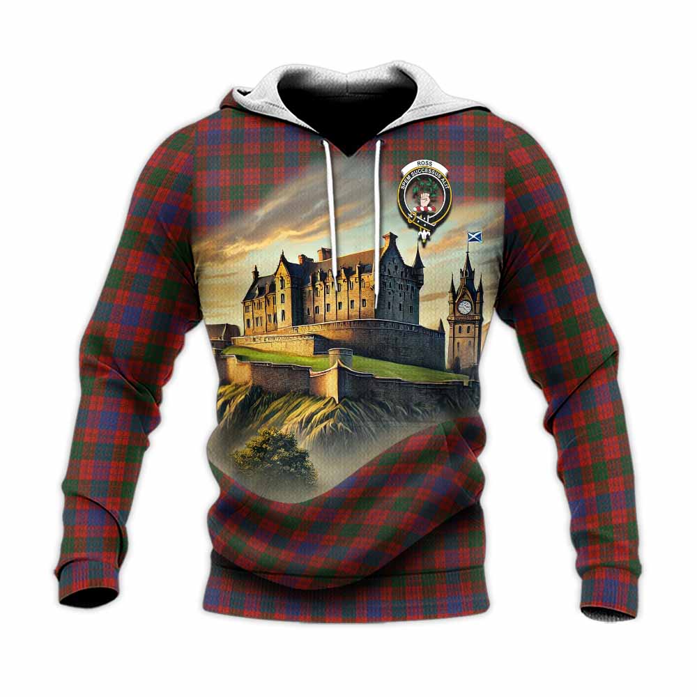 Tartan Vibes Clothing Ross Tartan Family Crest Knitted Hoodie with Scottish Ancient Castle Style