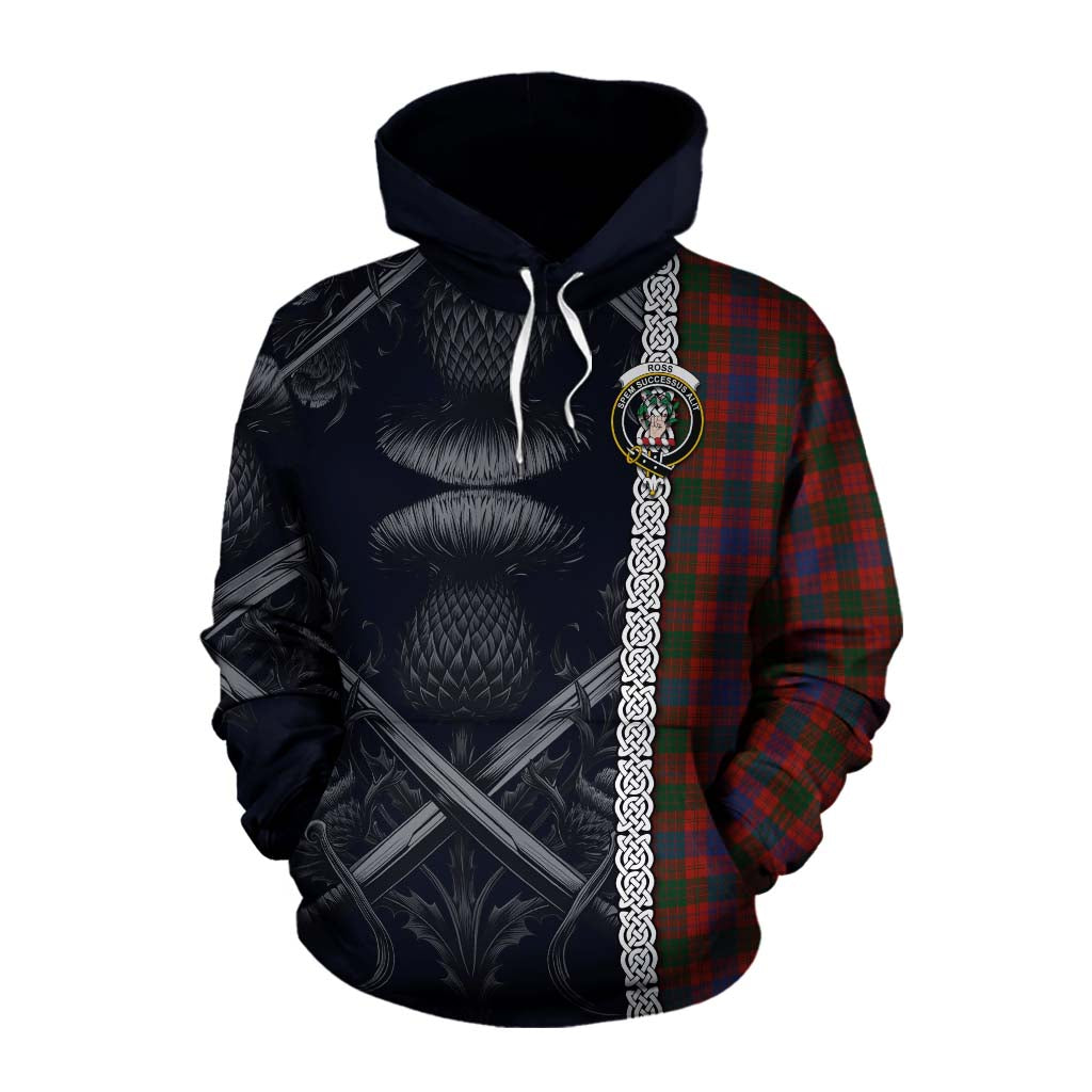 Tartan Vibes Clothing Ross Tartan Cotton Hoodie with Family Crest Cross Sword Thistle Celtic Vibes