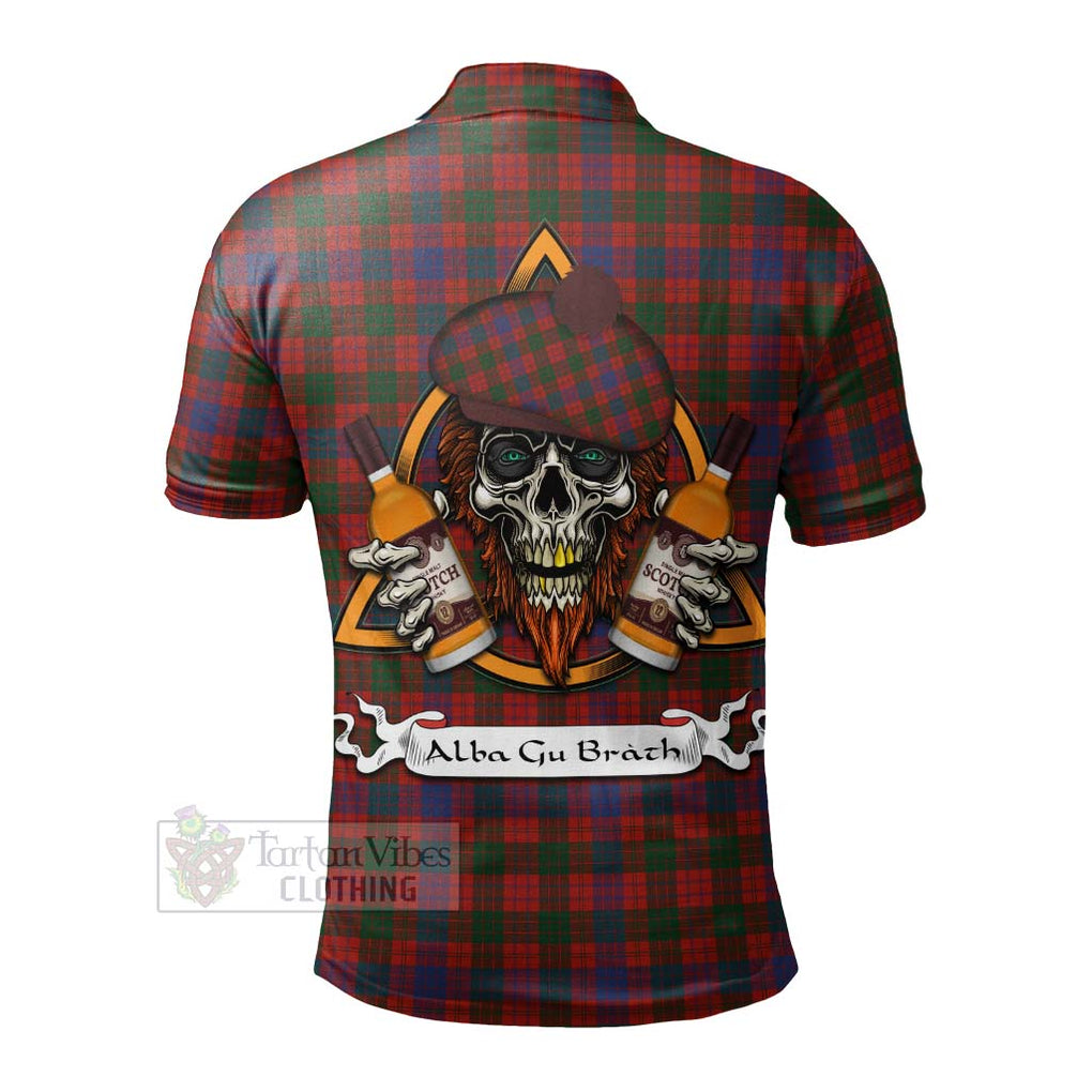 Tartan Vibes Clothing Ross Tartan Polo Shirt with Family Crest and Bearded Skull Holding Bottles of Whiskey