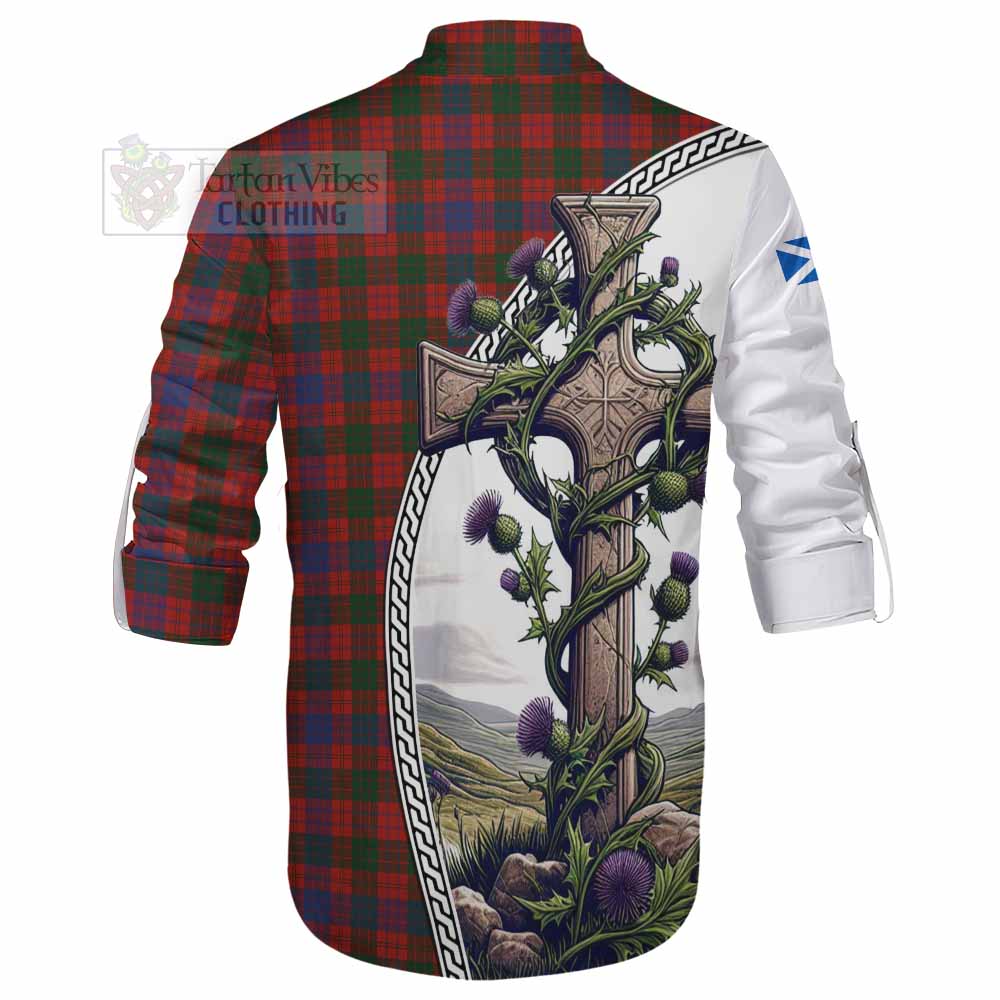 Tartan Vibes Clothing Ross Tartan Ghillie Kilt Shirt with Family Crest and St. Andrew's Cross Accented by Thistle Vines