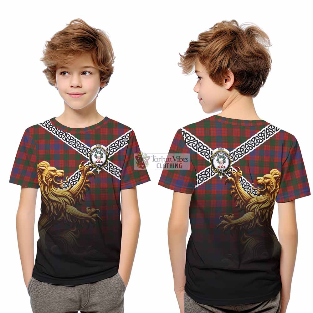Tartan Vibes Clothing Ross Crest Tartan Kid T-Shirt with Golden Lion Emblem Celtic Style