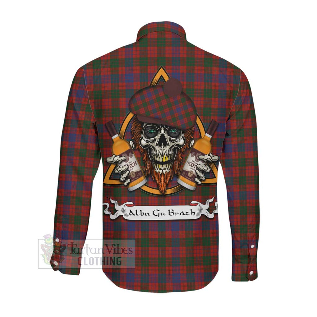 Tartan Vibes Clothing Ross Tartan Long Sleeve Button Shirt with Family Crest and Bearded Skull Holding Bottles of Whiskey