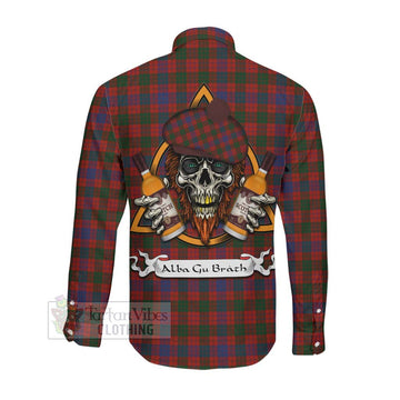 Tartan Vibes Clothing Ross Tartan Long Sleeve Button Shirt with Family Crest and Bearded Skull Holding Bottles of Whiskey