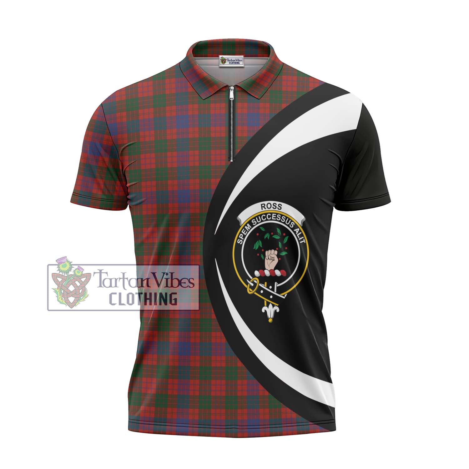 Ross Tartan Zipper Polo Shirt with Family Crest Circle Style - Tartan Vibes Clothing