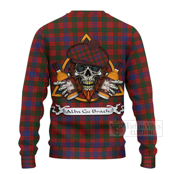 Tartan Vibes Clothing Ross Tartan Knitted Sweater with Family Crest and Bearded Skull Holding Bottles of Whiskey