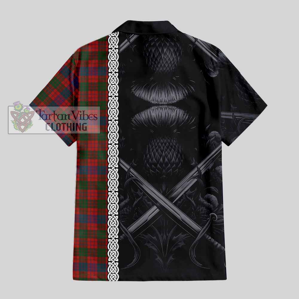 Tartan Vibes Clothing Ross Tartan Short Sleeve Button Shirt with Family Crest Cross Sword Thistle Celtic Vibes