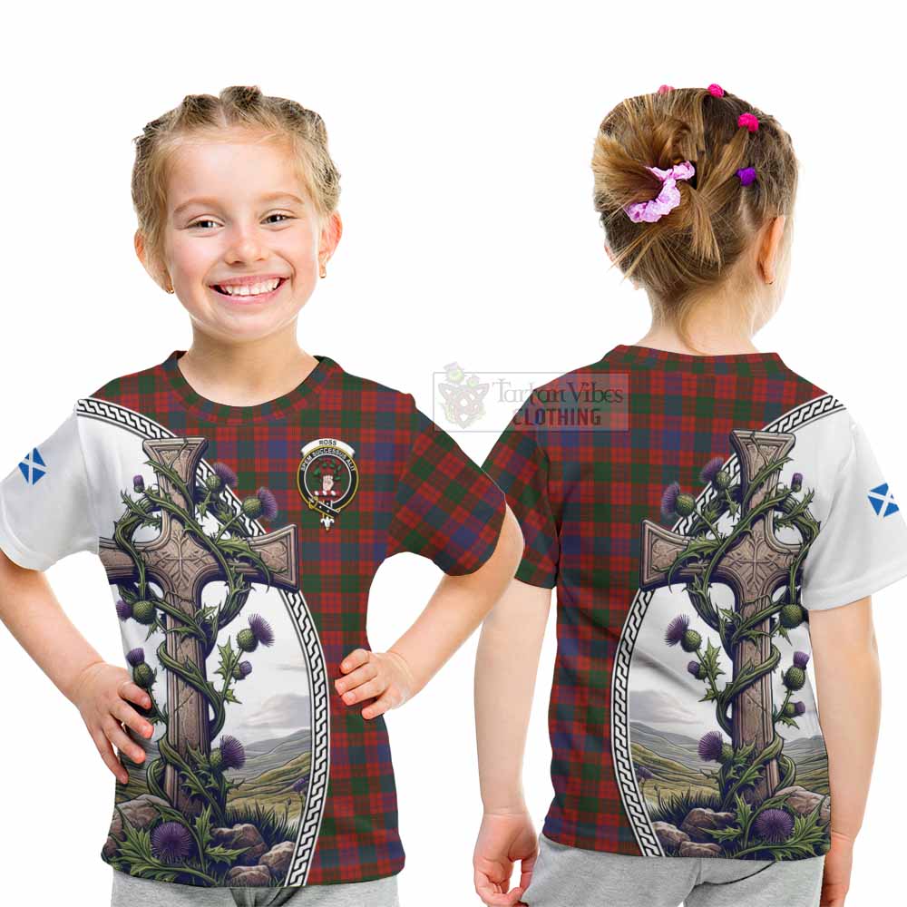 Tartan Vibes Clothing Ross Tartan Kid T-Shirt with Family Crest and St. Andrew's Cross Accented by Thistle Vines