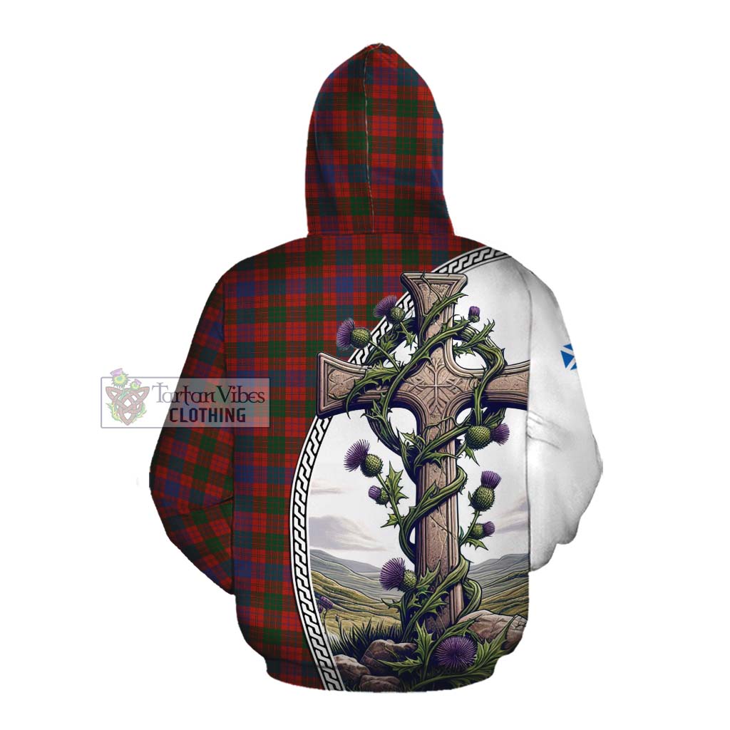 Tartan Vibes Clothing Ross Tartan Cotton Hoodie with Family Crest and St. Andrew's Cross Accented by Thistle Vines