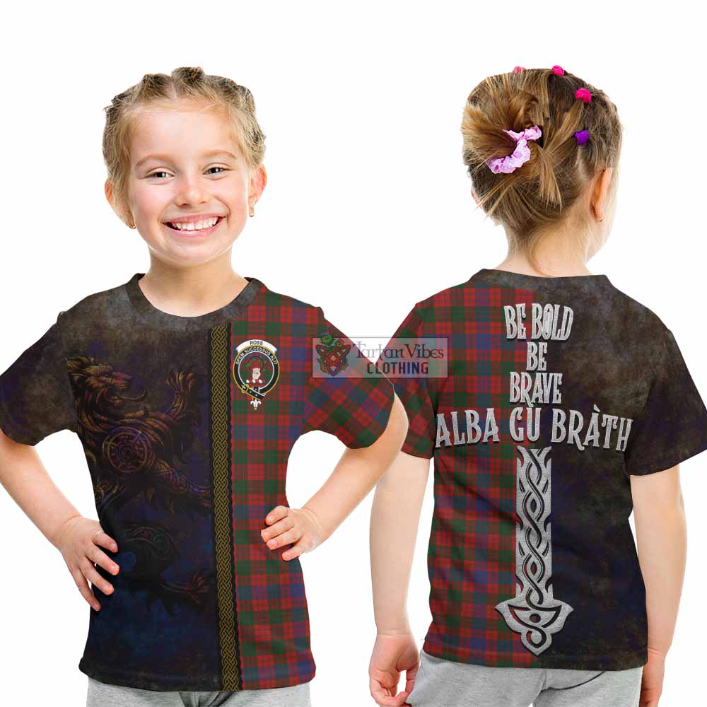 Tartan Vibes Clothing Ross Tartan Family Crest Kid T-Shirt Alba Gu Brath Be Brave Lion Ancient Style