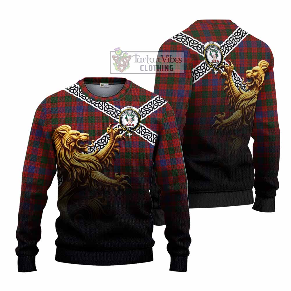 Tartan Vibes Clothing Ross Crest Tartan Knitted Sweater with Golden Lion Emblem Celtic Style