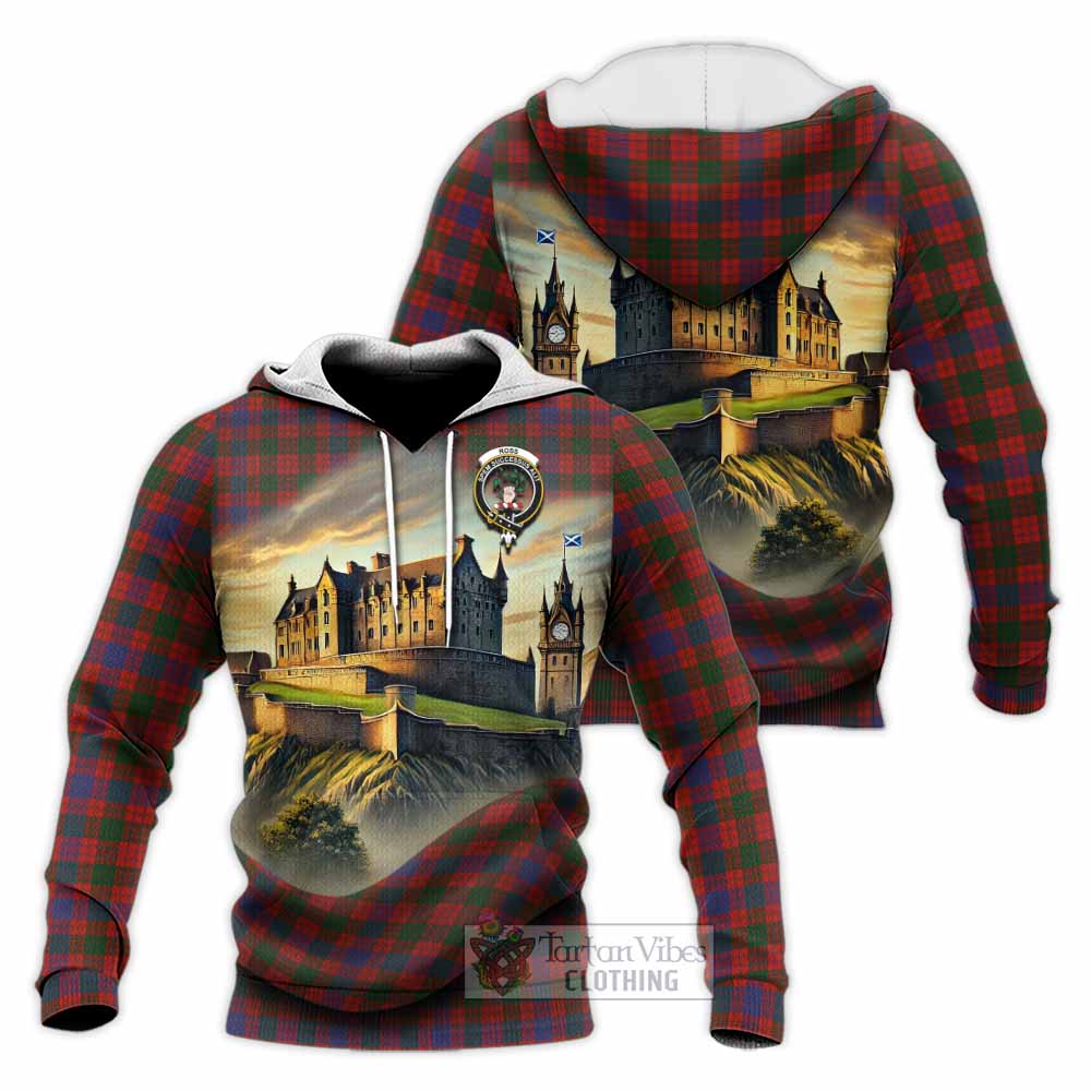 Tartan Vibes Clothing Ross Tartan Family Crest Knitted Hoodie with Scottish Ancient Castle Style