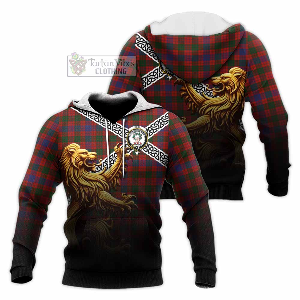 Tartan Vibes Clothing Ross Crest Tartan Knitted Hoodie with Golden Lion Emblem Celtic Style