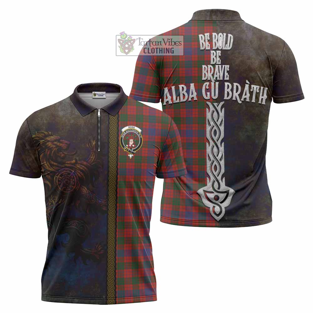 Tartan Vibes Clothing Ross Tartan Family Crest Zipper Polo Shirt Alba Gu Brath Be Brave Lion Ancient Style