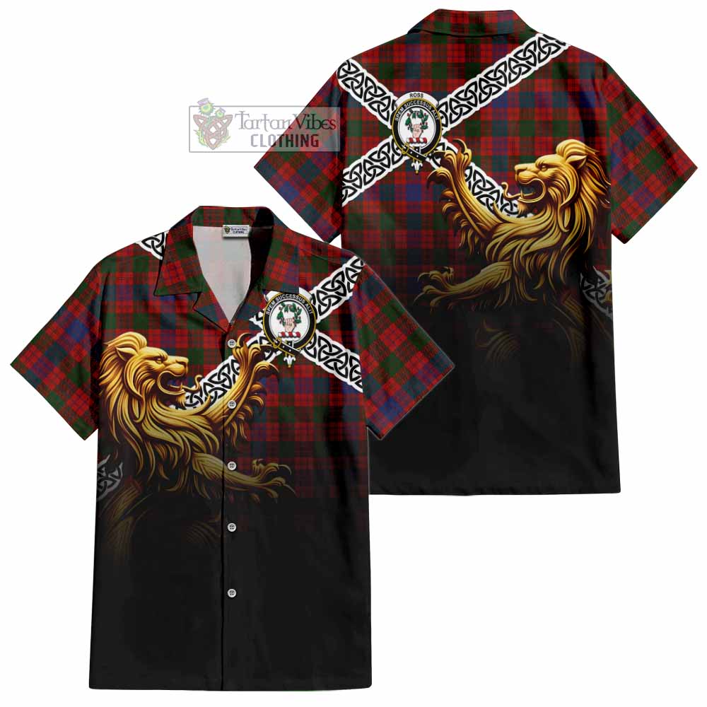 Tartan Vibes Clothing Ross Crest Tartan Short Sleeve Button Shirt with Golden Lion Emblem Celtic Style