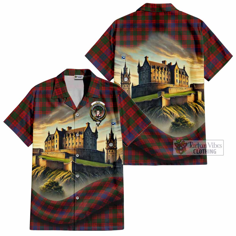 Tartan Vibes Clothing Ross Tartan Family Crest Short Sleeve Button Shirt with Scottish Ancient Castle Style