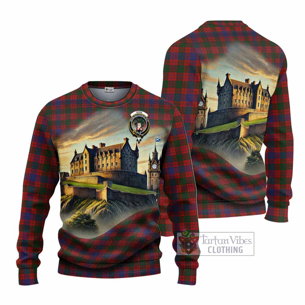 Tartan Vibes Clothing Ross Tartan Family Crest Knitted Sweater with Scottish Ancient Castle Style