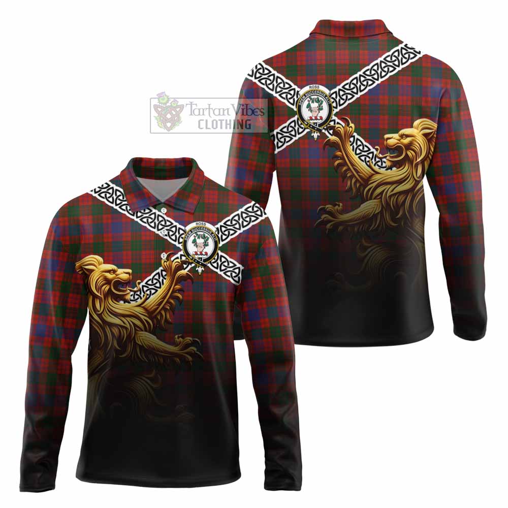Tartan Vibes Clothing Ross Crest Tartan Long Sleeve Polo Shirt with Golden Lion Emblem Celtic Style