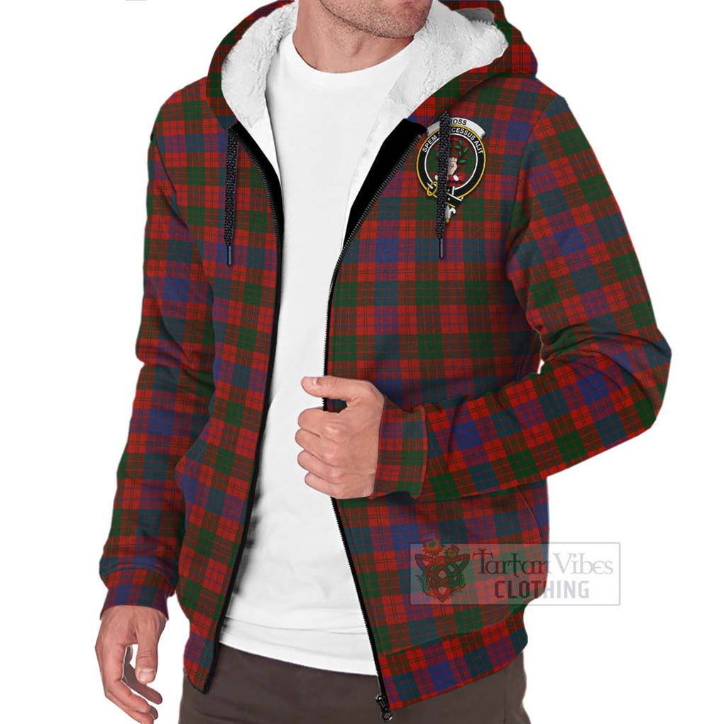 Tartan Vibes Clothing Ross Tartan Sherpa Hoodie with Family Crest and Bearded Skull Holding Bottles of Whiskey