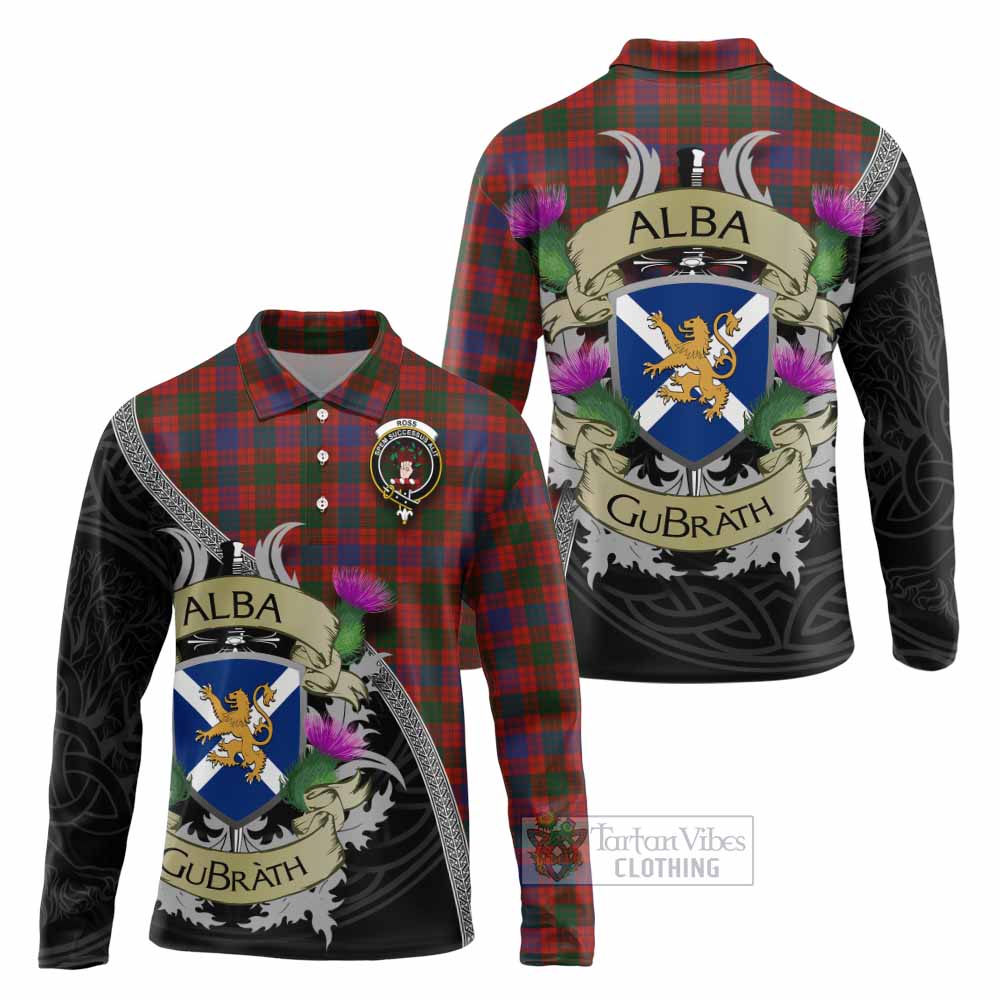 Tartan Vibes Clothing Ross Tartan Family Crest Long Sleeve Polo Shirt Lion Rampant Royal Thistle Shield Celtic Inspired