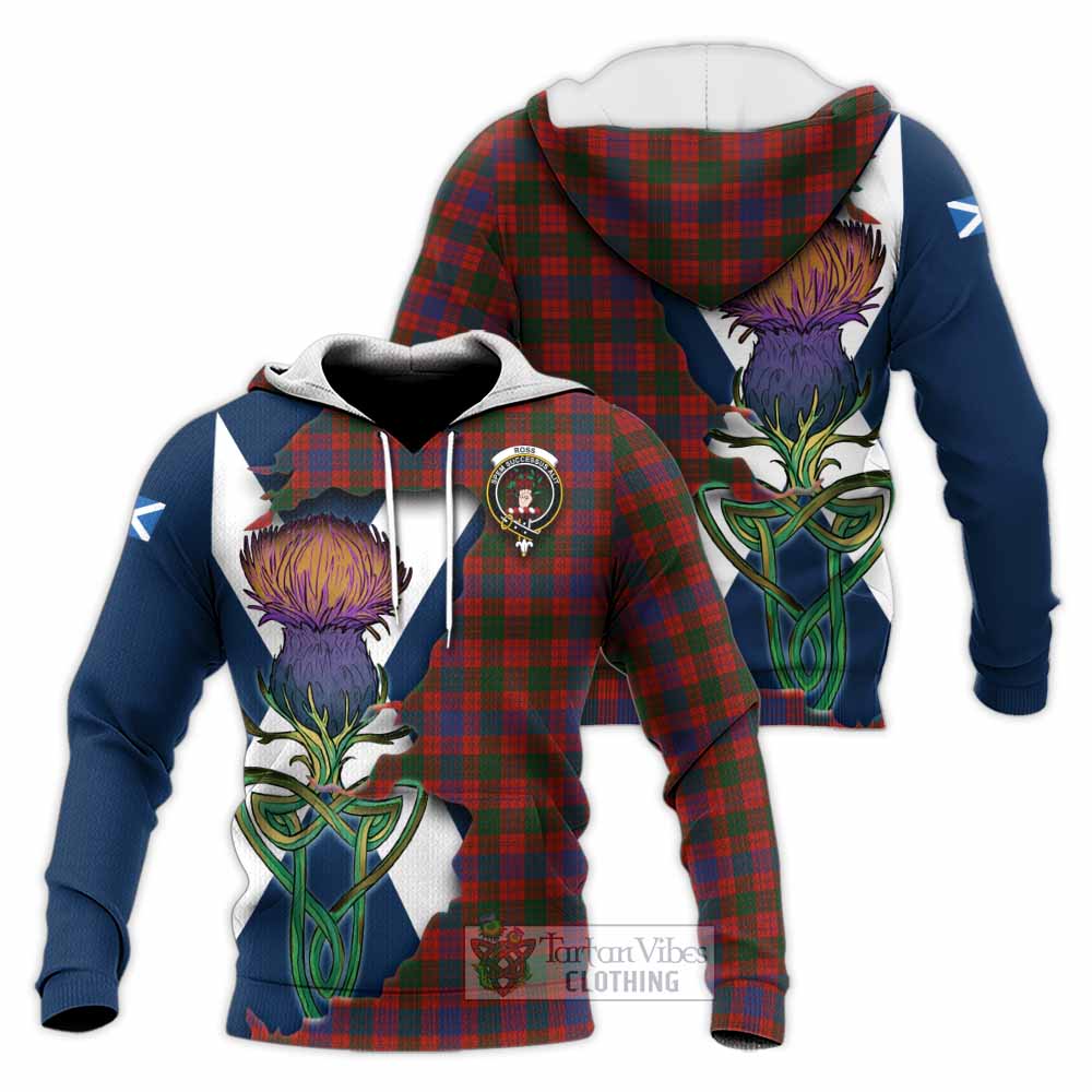 Tartan Vibes Clothing Ross Tartan Family Crest Knitted Hoodie Scottish Thistle Celtic Inspired