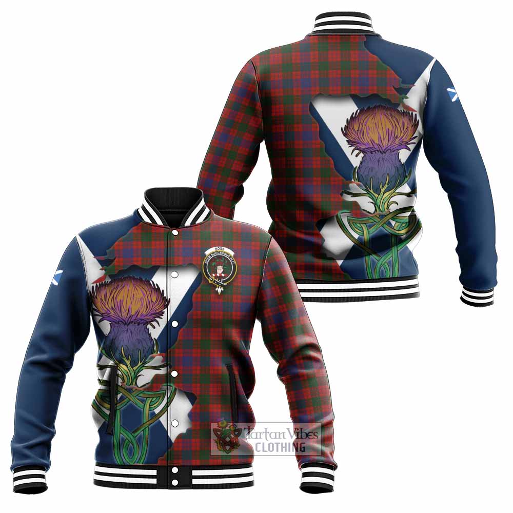 Tartan Vibes Clothing Ross Tartan Family Crest Baseball Jacket Scottish Thistle Celtic Inspired