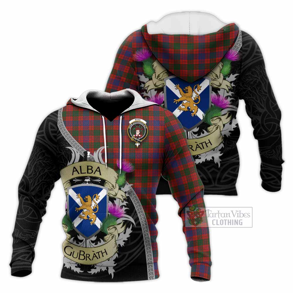 Tartan Vibes Clothing Ross Tartan Family Crest Knitted Hoodie Lion Rampant Royal Thistle Shield Celtic Inspired