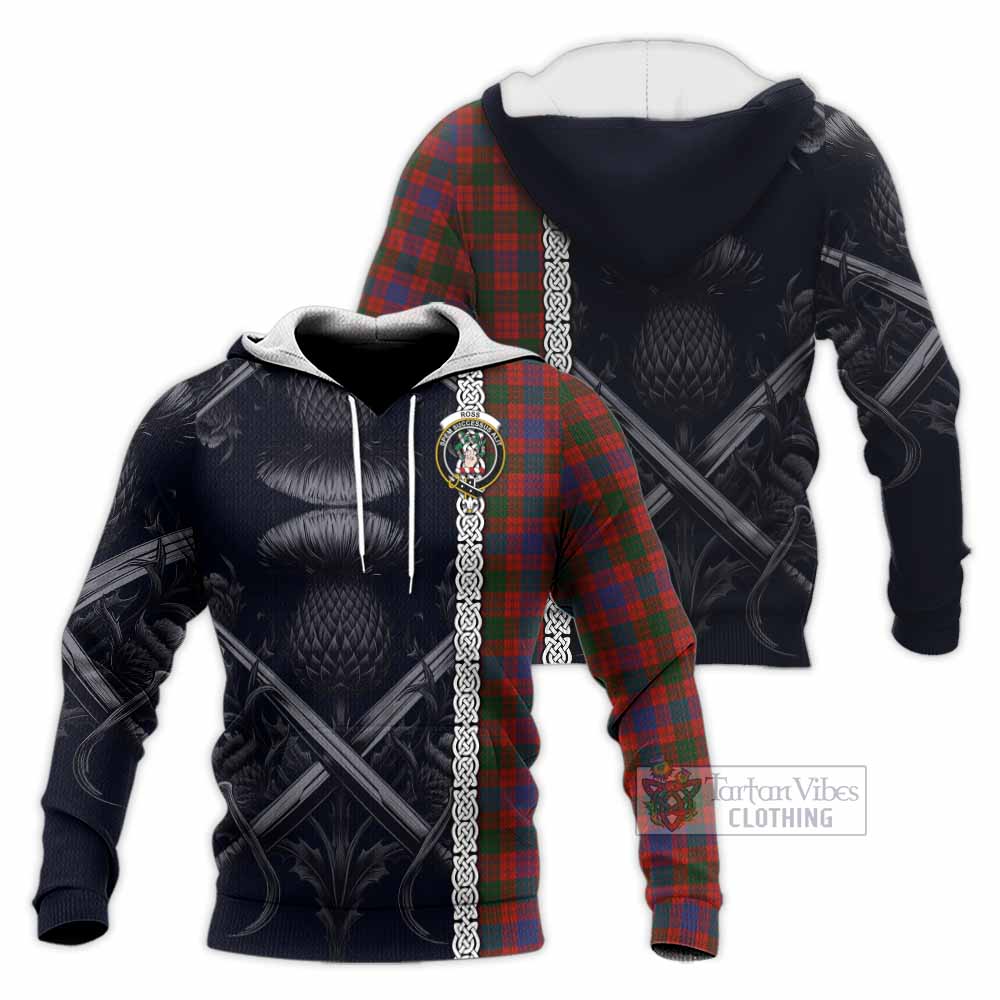 Tartan Vibes Clothing Ross Tartan Knitted Hoodie with Family Crest Cross Sword Thistle Celtic Vibes