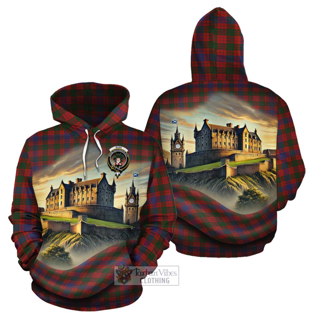 Tartan Vibes Clothing Ross Tartan Family Crest Cotton Hoodie with Scottish Ancient Castle Style