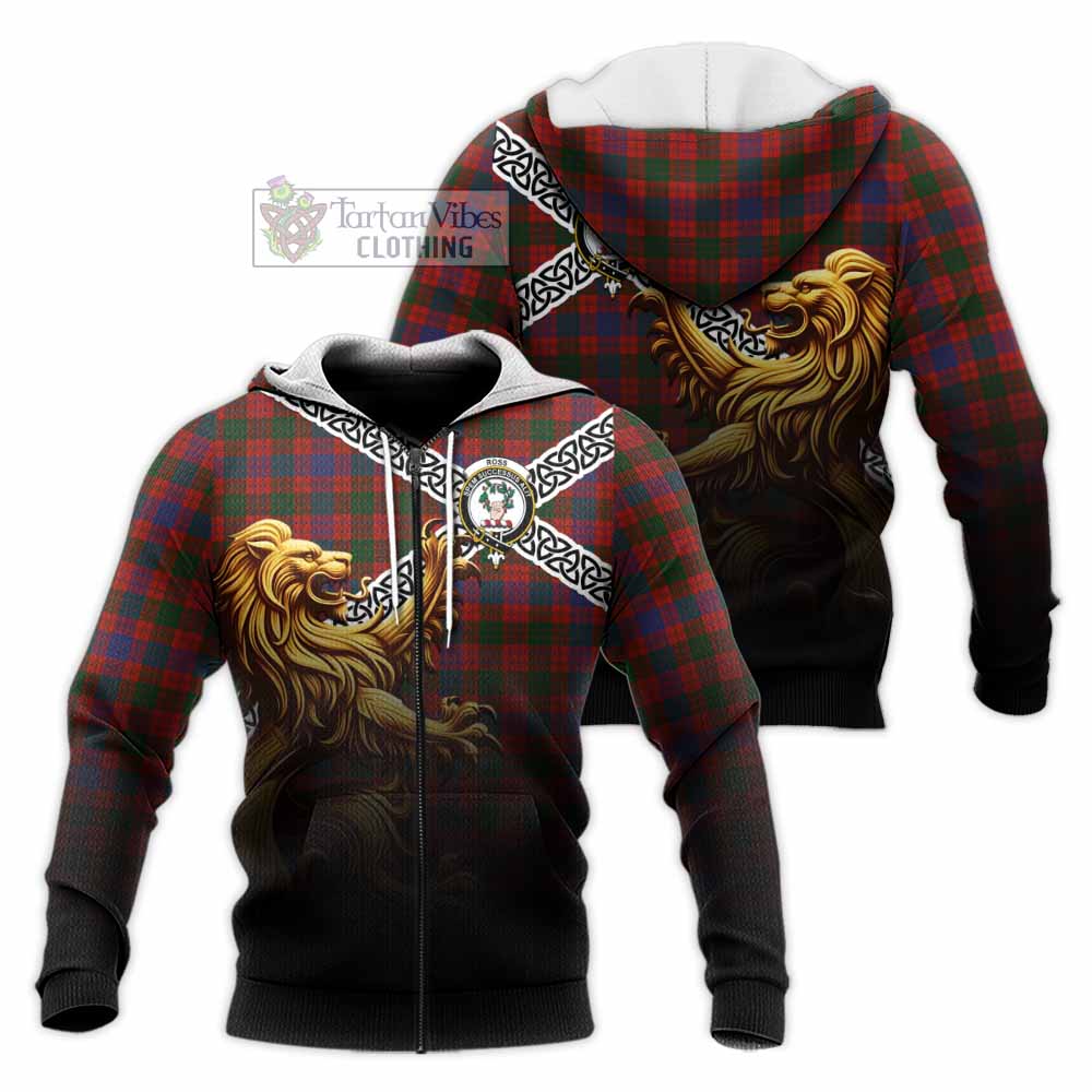 Tartan Vibes Clothing Ross Crest Tartan Knitted Hoodie with Golden Lion Emblem Celtic Style
