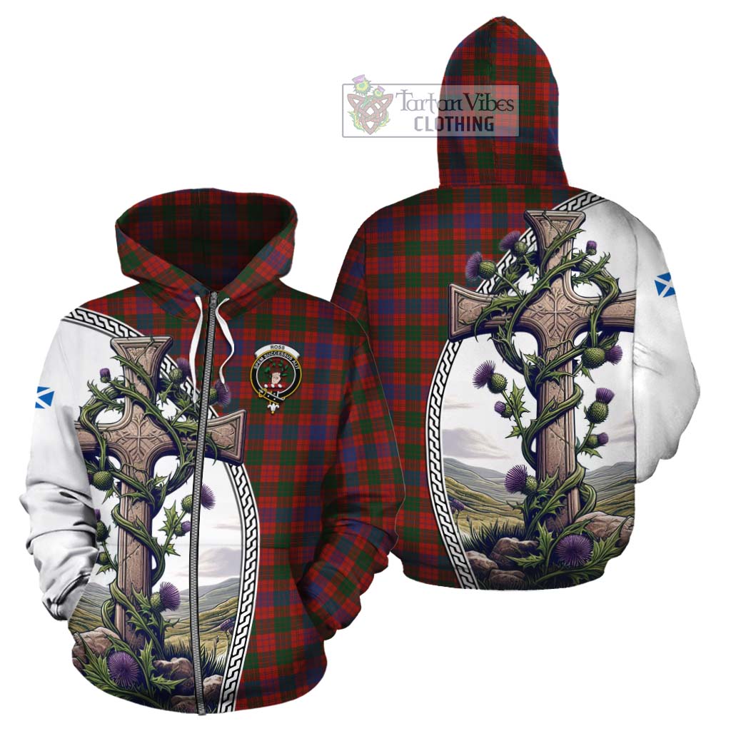 Tartan Vibes Clothing Ross Tartan Cotton Hoodie with Family Crest and St. Andrew's Cross Accented by Thistle Vines