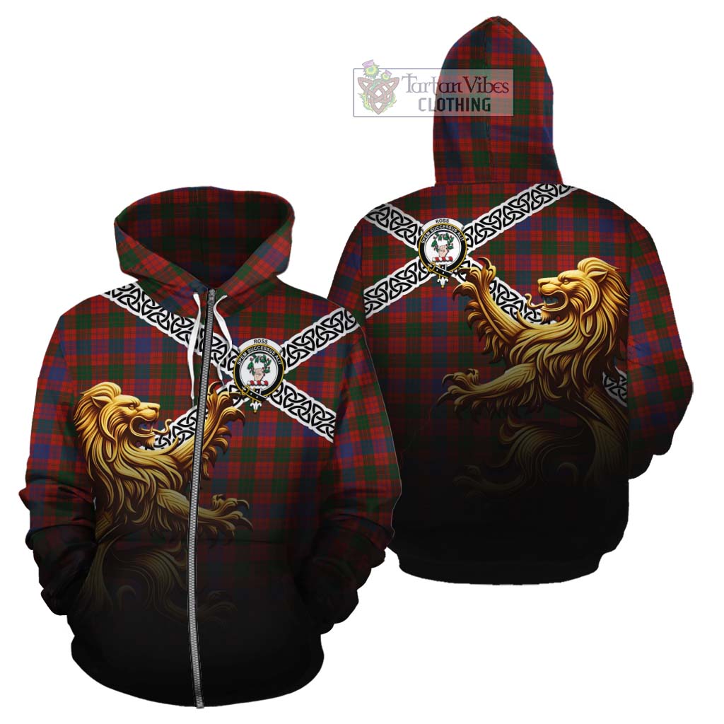 Tartan Vibes Clothing Ross Crest Tartan Cotton Hoodie with Golden Lion Emblem Celtic Style