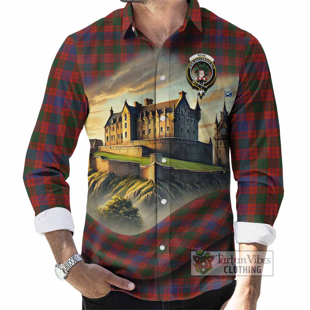 Tartan Vibes Clothing Ross Tartan Family Crest Long Sleeve Button Shirt with Scottish Ancient Castle Style
