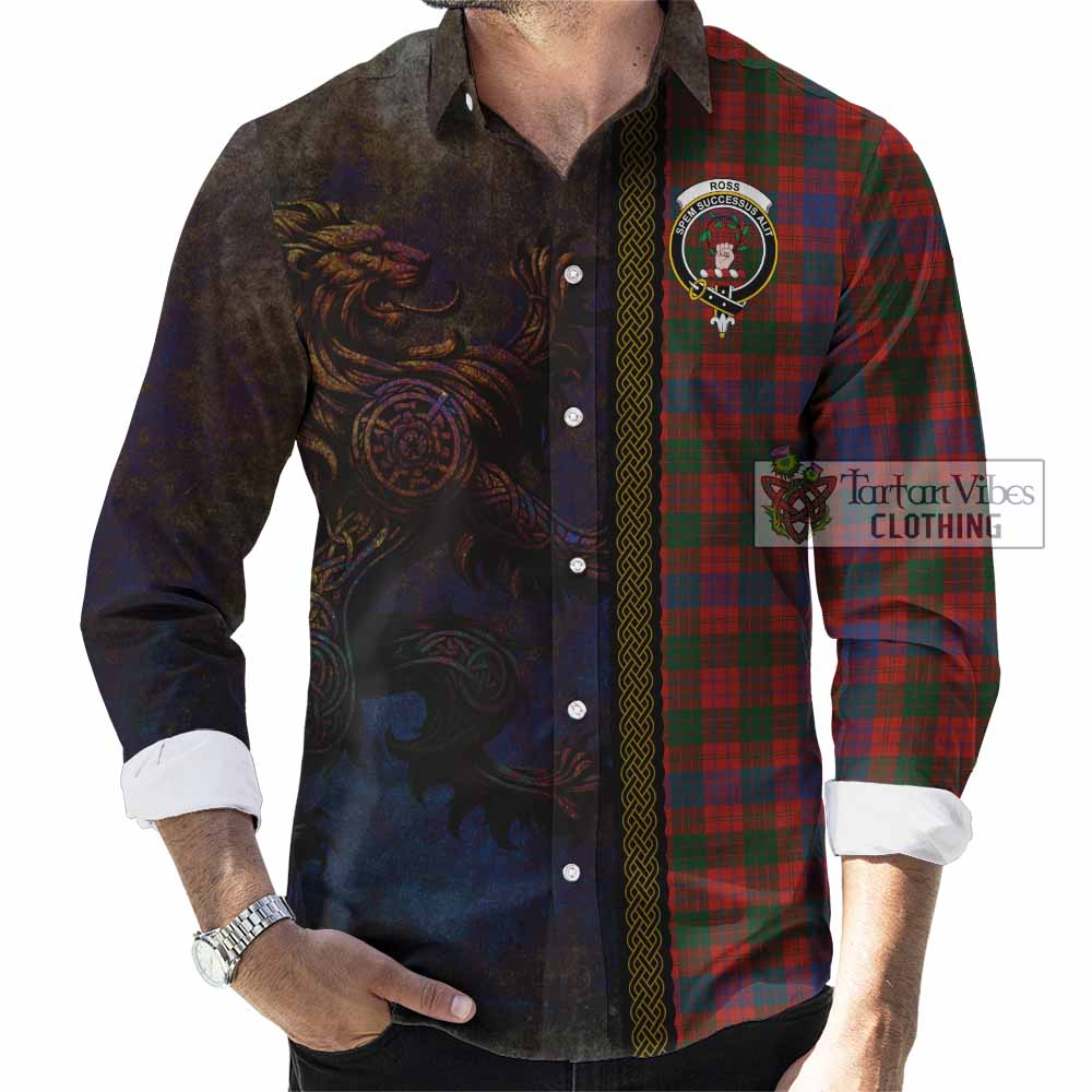 Tartan Vibes Clothing Ross Tartan Family Crest Long Sleeve Button Shirt Alba Gu Brath Be Brave Lion Ancient Style