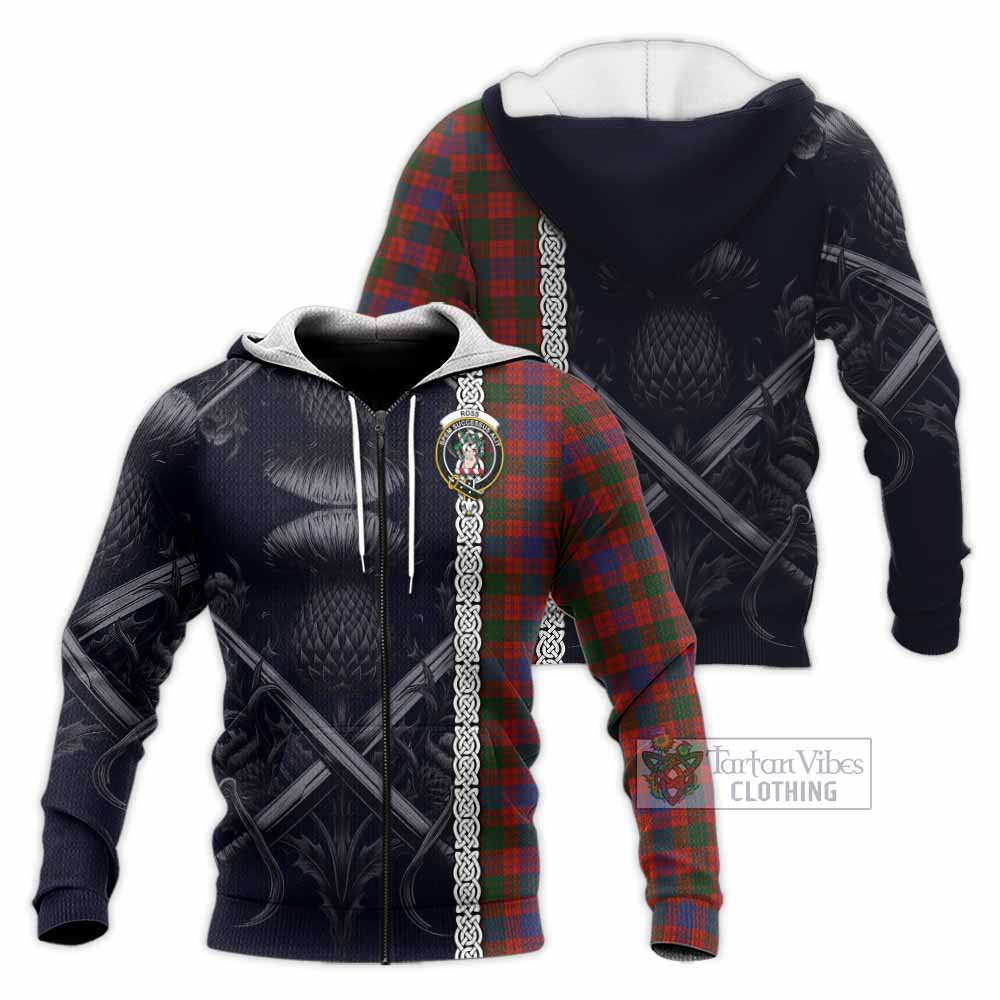 Tartan Vibes Clothing Ross Tartan Knitted Hoodie with Family Crest Cross Sword Thistle Celtic Vibes