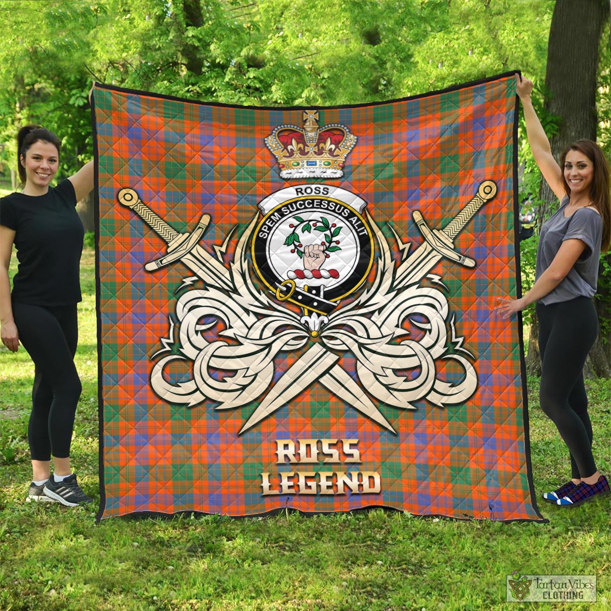 Tartan Vibes Clothing Ross Ancient Tartan Quilt with Clan Crest and the Golden Sword of Courageous Legacy