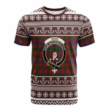Ross Clan Tartan Christmas Cotton T-shirt with Family Crest - Tartan Vibes Clothing