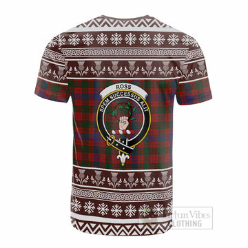 Ross Clan Tartan Christmas Cotton T-shirt with Family Crest - Tartan Vibes Clothing