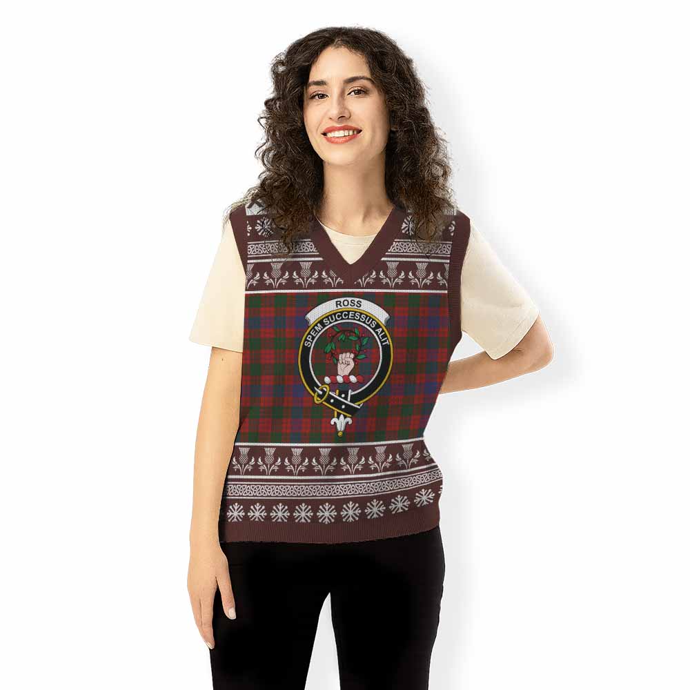 Ross Clan Tartan Christmas Knitted V-Neck Vest with Family Crest - Tartan Vibes Clothing