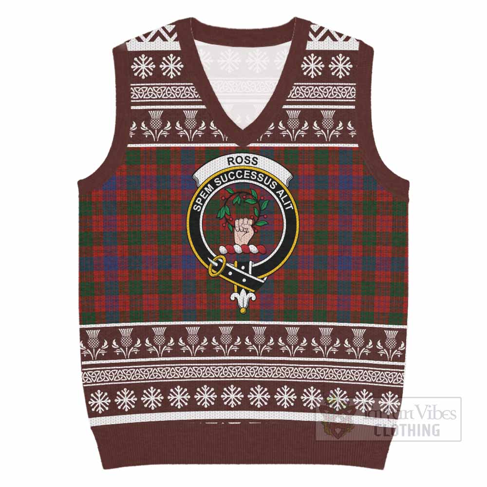 Ross Clan Tartan Christmas Knitted V-Neck Vest with Family Crest - Tartan Vibes Clothing