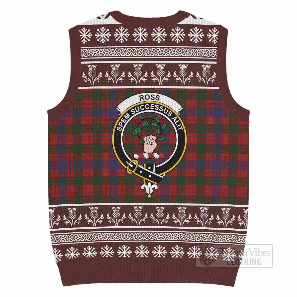Ross Clan Tartan Christmas Knitted V-Neck Vest with Family Crest - Tartan Vibes Clothing
