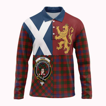 Ross Crest Tartan Long Sleeve Polo Shirt with Lion Rampant Saltire Style