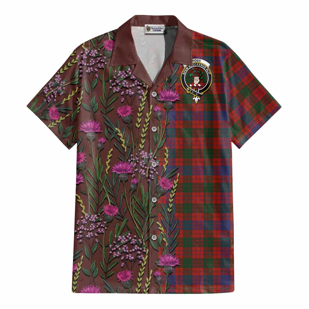Ross Family Crest Tartan Cotton Hawaiian Shirt Scottish Thistle Flower Pattern Half Style - Tartan Vibes Clothing