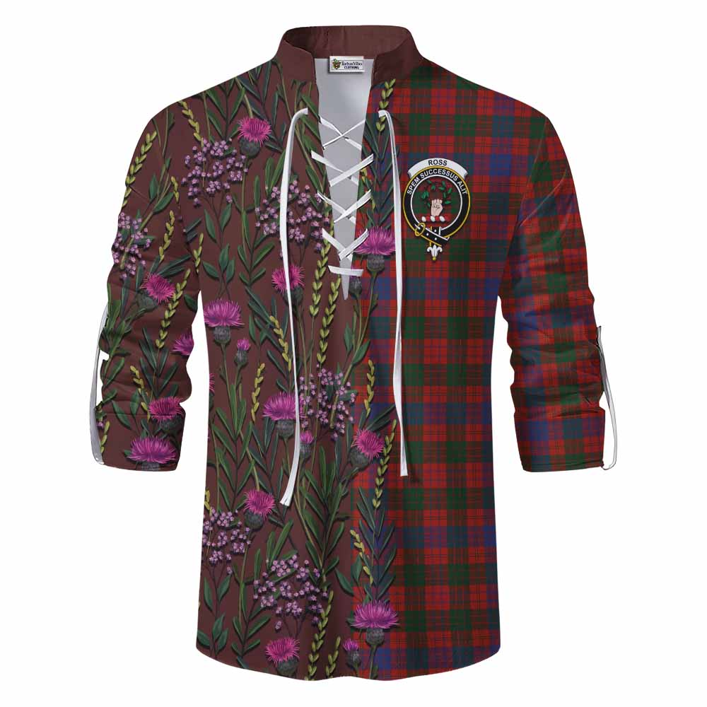 Ross Family Crest Tartan Ghillie Shirt Scottish Thistle Flower Pattern Half Style - Tartan Vibes Clothing