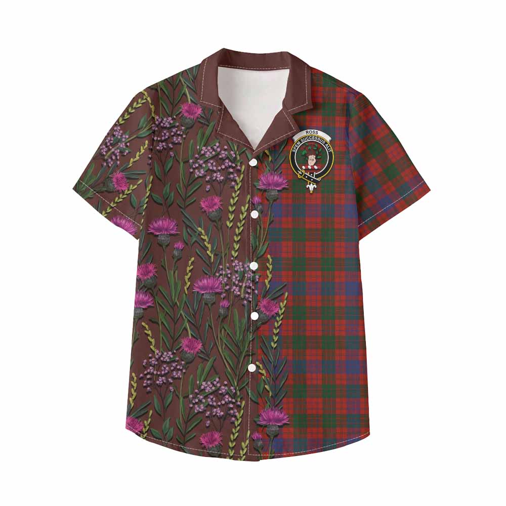 Ross Family Crest Tartan Kid Hawaiian Shirt Scottish Thistle Flower Pattern Half Style - Tartan Vibes Clothing