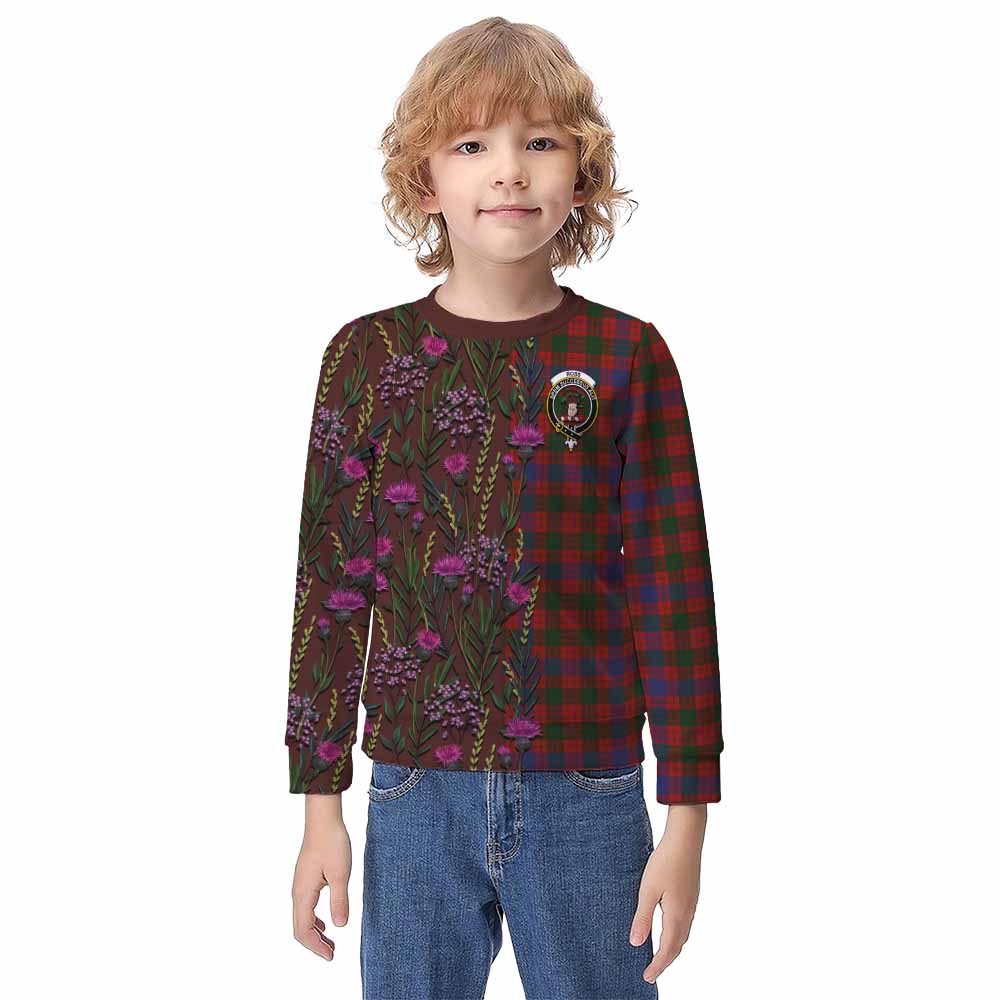 Ross Family Crest Tartan Kid Knitted Sweatshirt Scottish Thistle Flower Pattern Half Style - Tartan Vibes Clothing