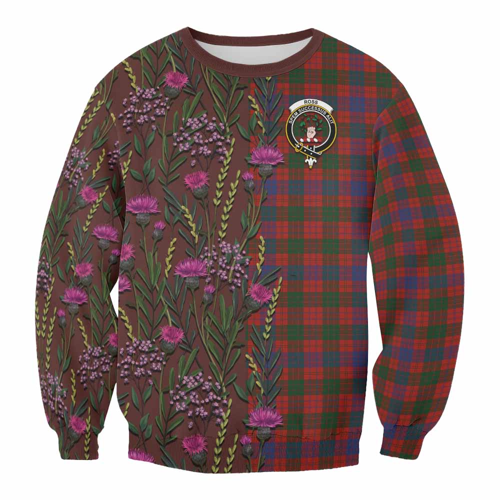 Ross Family Crest Tartan Sweatshirt Scottish Thistle Flower Pattern Half Style - Tartan Vibes Clothing