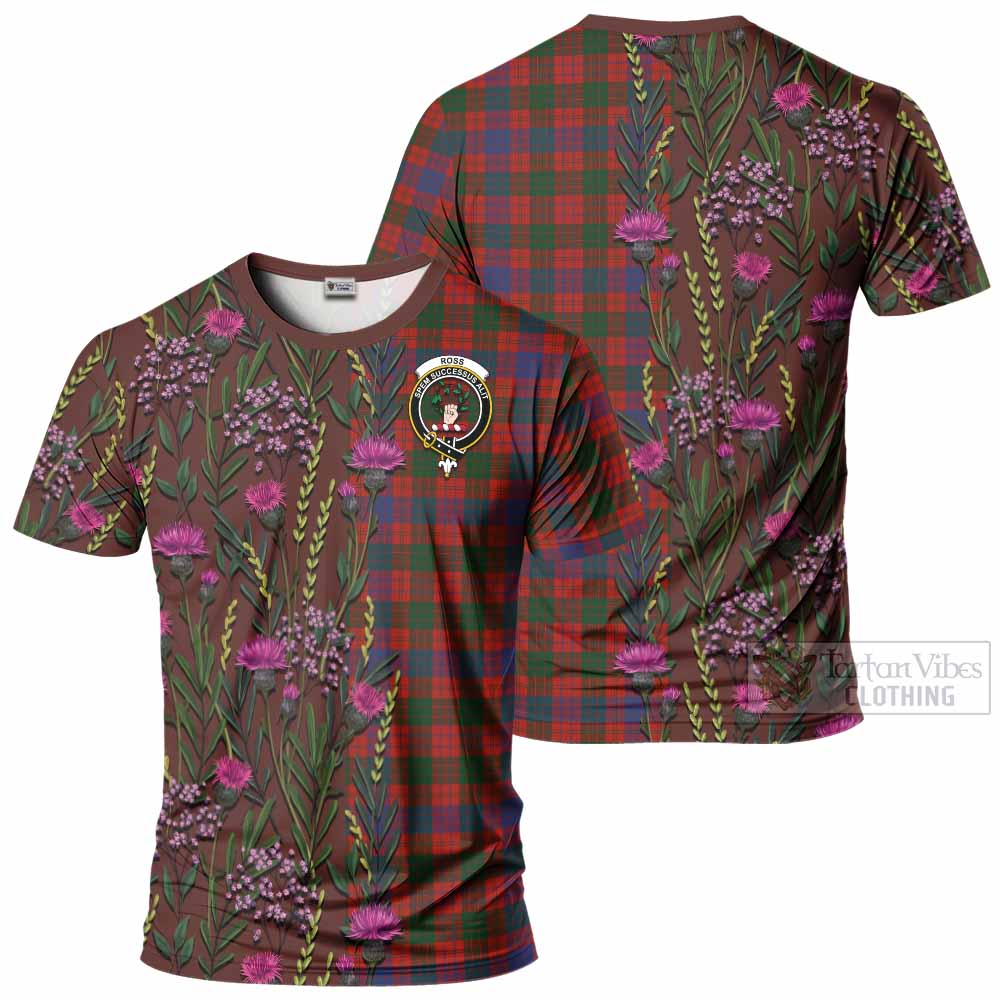 Ross Family Crest Tartan T-Shirt Scottish Thistle Flower Pattern Half Style - Tartan Vibes Clothing