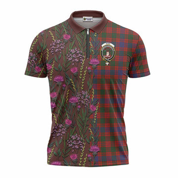 Ross Family Crest Tartan Zipper Polo Shirt Scottish Thistle Flower Pattern Half Style